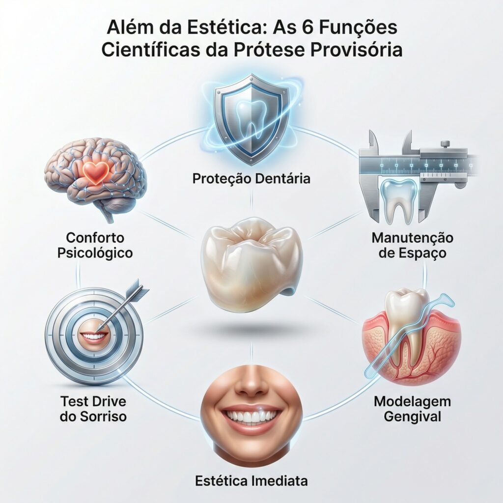Diagrama circular mostrando as 6 funções científicas da prótese provisória, como proteção, manutenção de espaço e modelagem da gengiva.