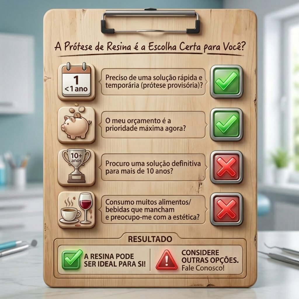 Checklist interativo para avaliar se a prótese de resina é a opção ideal para o paciente.