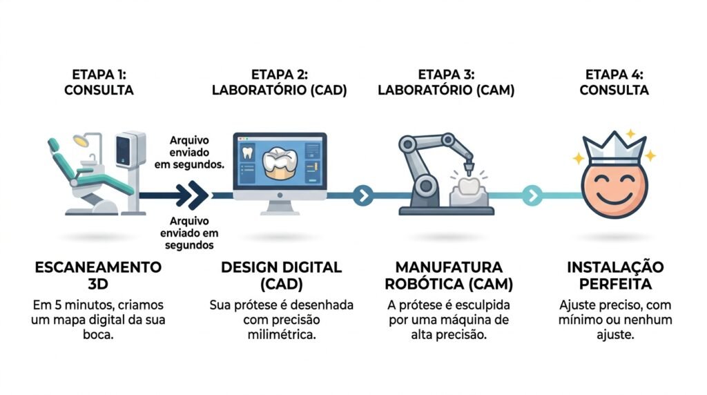 Jornada da prótese digital em 4 passos: scanner 3D, design CAD, fresamento CAM e instalação com encaixe perfeito.