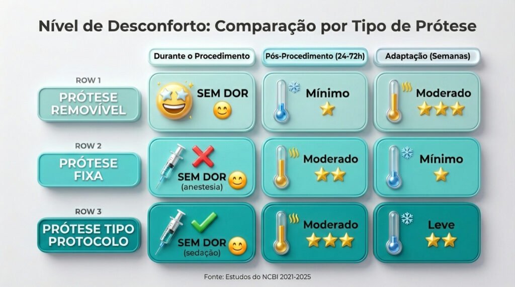 Infográfico comparativo mostrando o nível de dor em cada fase (durante, pós-procedimento e adaptação) para prótese removível, fixa e protocolo