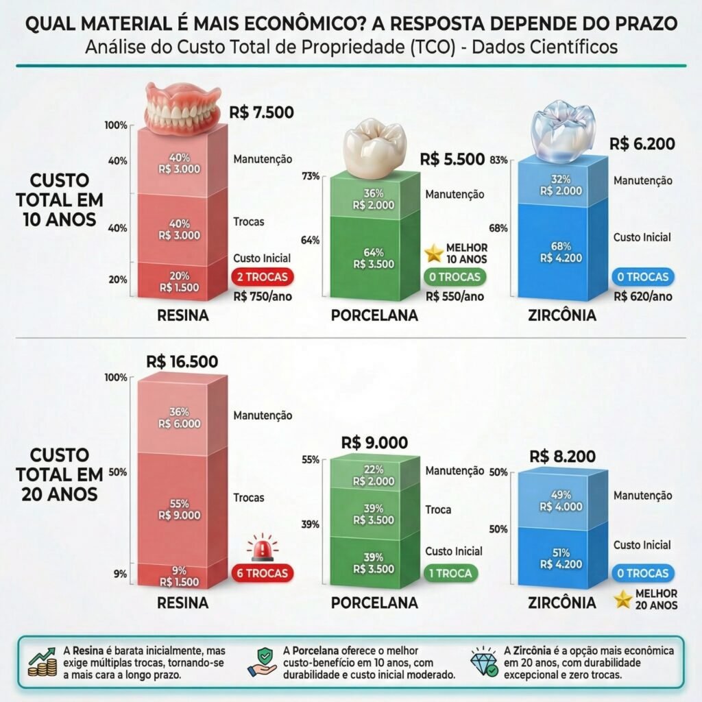 Gráfico comparativo do custo total em 10 anos da prótese de resina, porcelana e zircônia, incluindo trocas.