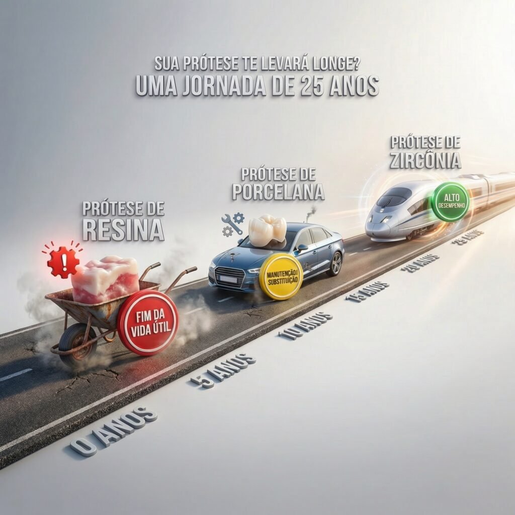 Infográfico de linha do tempo comparando a durabilidade da prótese de resina (3-5 anos), porcelana (10-15 anos) e zircônia (20+ anos).