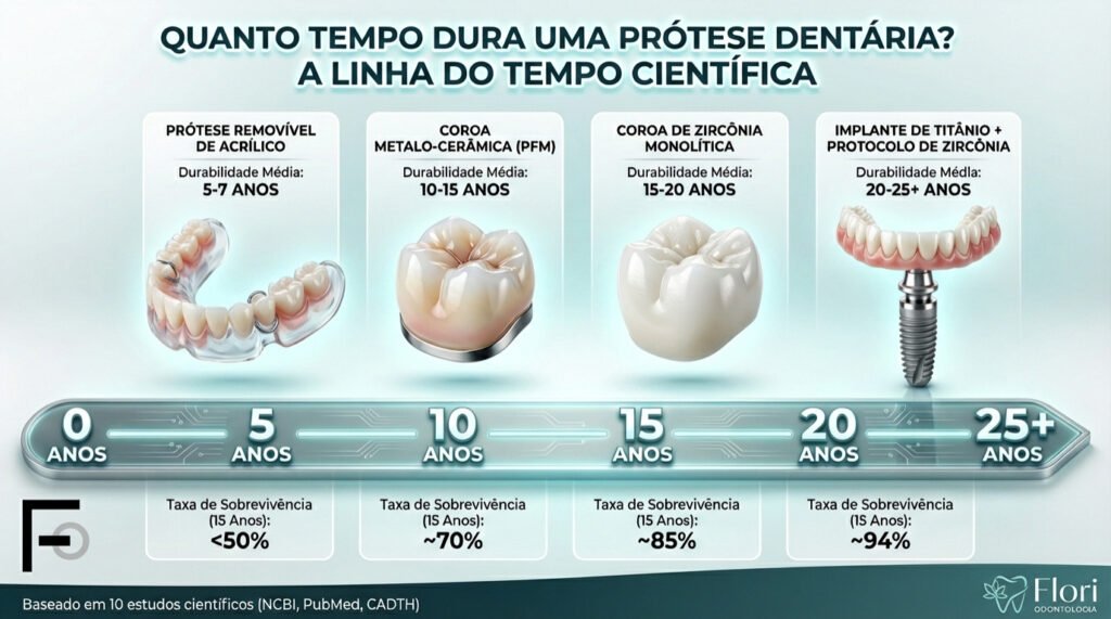 Infográfico de linha do tempo mostrando a durabilidade de próteses: acrílico (5-7 anos), porcelana (10-15), zircônia (15-20) e implantes (20-25+).