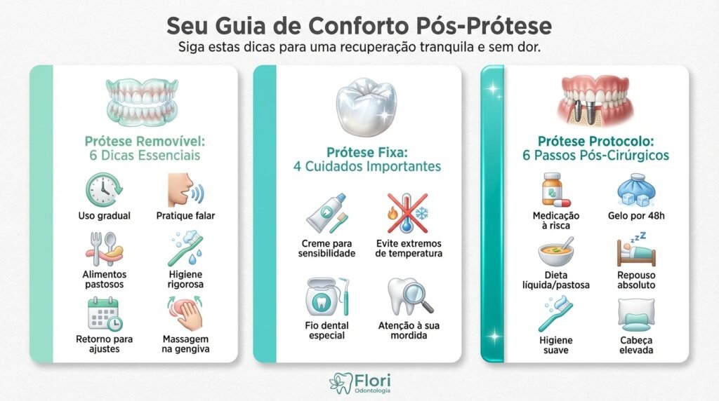 Infográfico com dicas práticas para minimizar desconforto em prótese removível, fixa e protocolo, incluindo cuidados com higiene, alimentação e medicação
