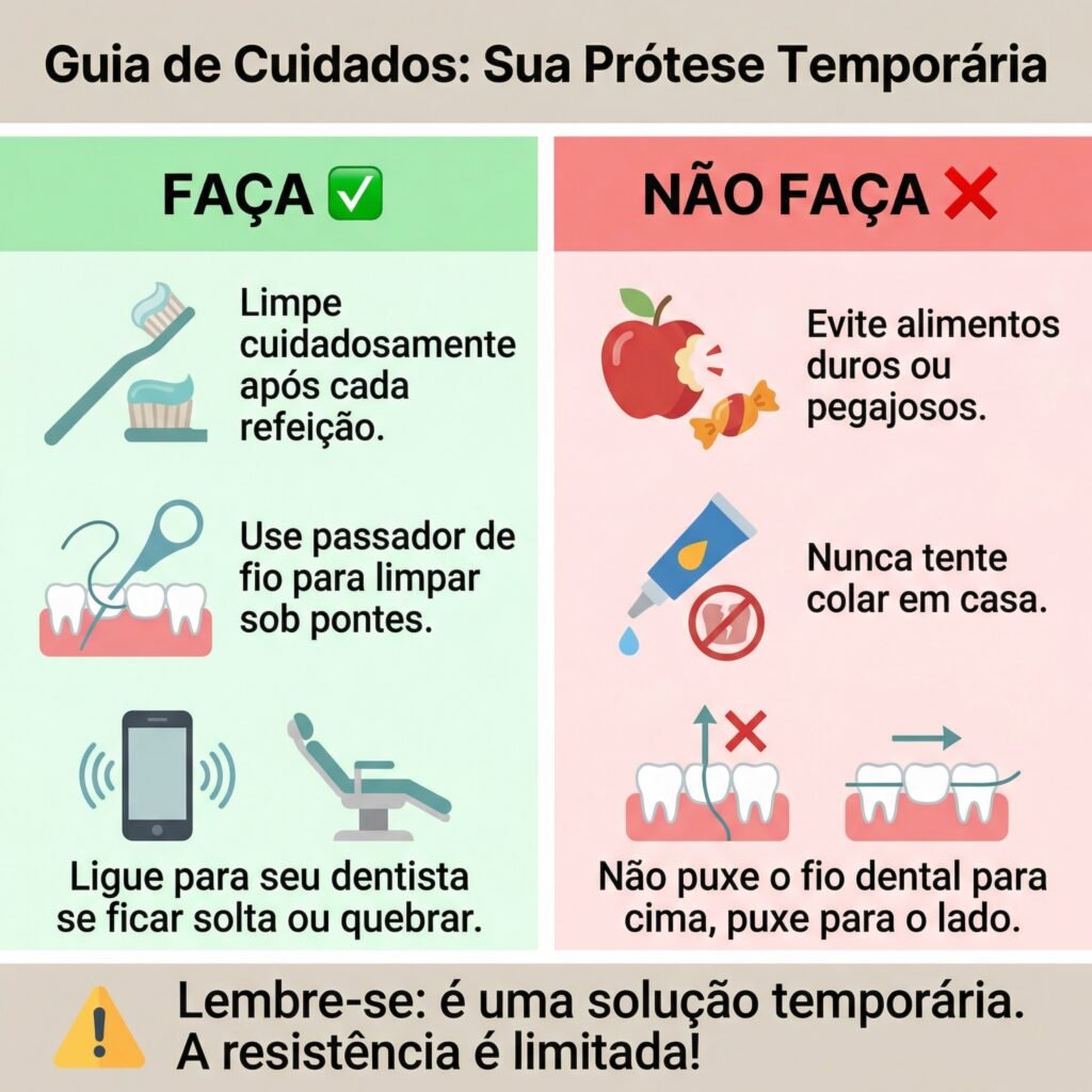 Guia de cuidados com a prótese provisória, mostrando o que fazer (higienizar, usar passa-fio) e o que não fazer (comer duros, colar em casa).