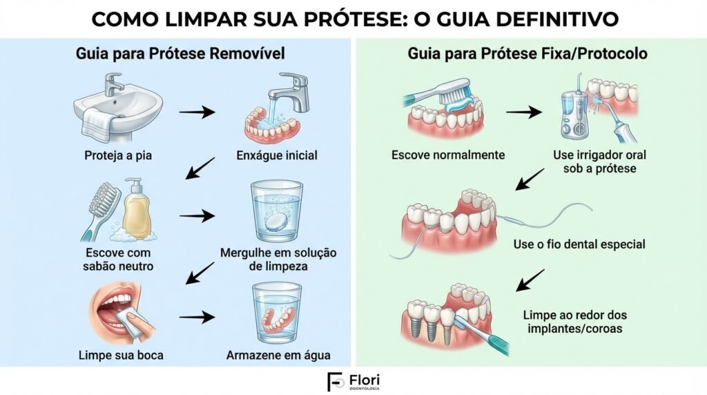 Guia passo a passo comparando a limpeza de prótese removível (escovação e imersão) e prótese fixa (irrigador oral e fio especial).