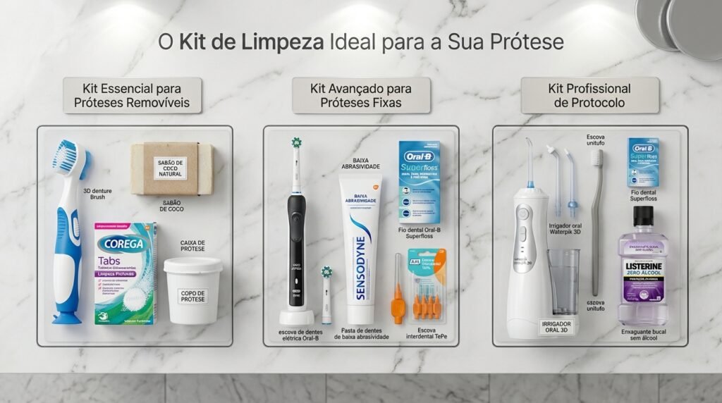 Comparativo visual dos kits de limpeza ideais para prótese removível, fixa e protocolo, mostrando os produtos recomendados para cada uma.