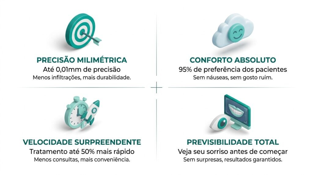 Infográfico com os 4 pilares da prótese digital: Precisão Milimétrica (0,01mm), Conforto Absoluto (95% de preferência), Rapidez Surpreendente (50% mais rápido) e Previsibilidade Total (visualização prévia do sorriso).