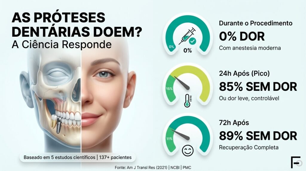 Infográfico mostrando dados científicos sobre dor em prótese dentária: 0% durante procedimento, 85% sem dor em 24h, 89% recuperados em 72h