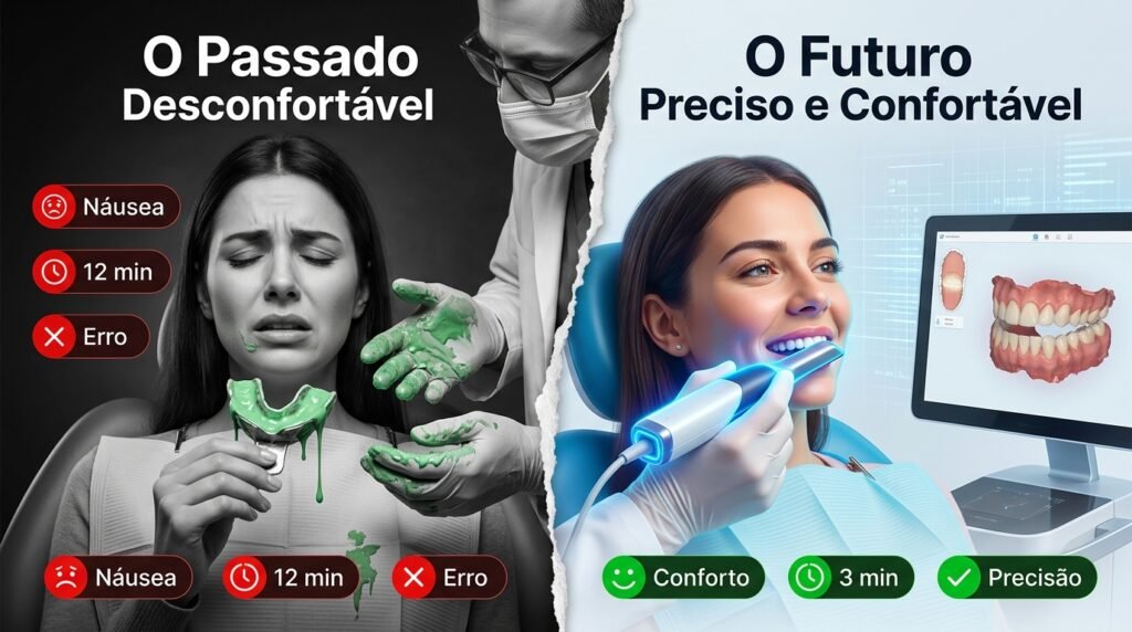Comparação entre moldagem convencional com massa e escaneamento intraoral 3D: paciente com expressão de desconforto na moldagem tradicional versus paciente relaxado e sorrindo durante o escaneamento digital com scanner intraoral na Flori Odontologia.