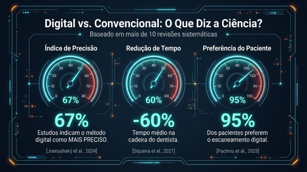 Dados científicos: prótese digital é 67% mais precisa, 60% mais rápida e preferida por 95% dos pacientes vs. método convencional.