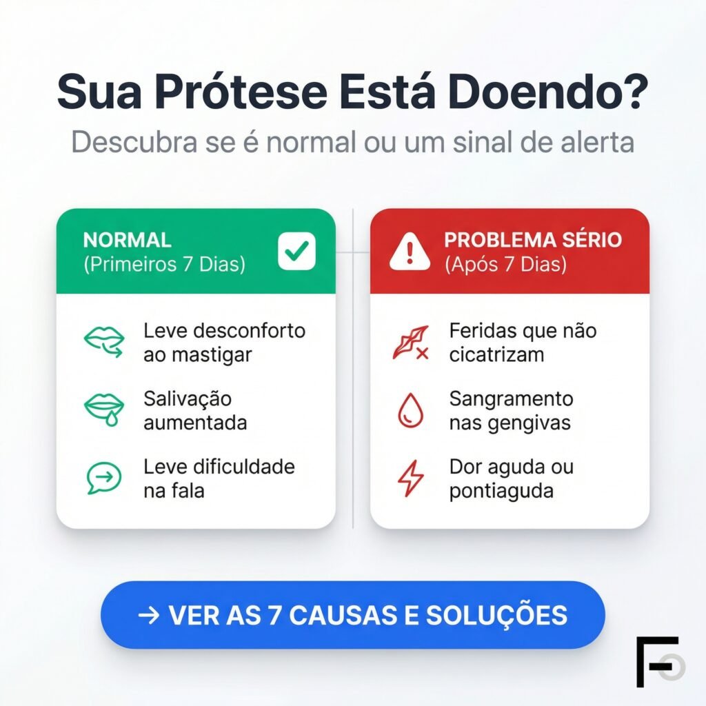 Infográfico comparando os sintomas normais e graves de uma prótese machucando a gengiva nos primeiros 7 dias e após.