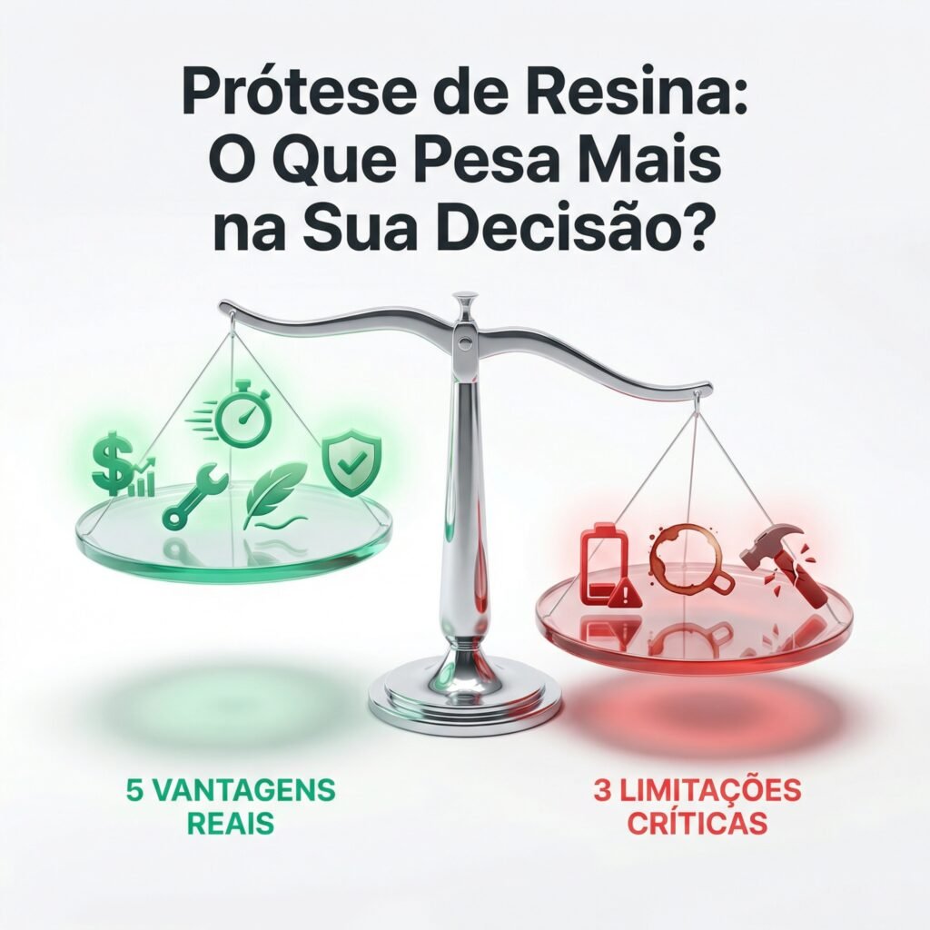 Infográfico comparativo mostrando as 5 vantagens e 3 limitações da prótese de resina em uma balança da justiça.