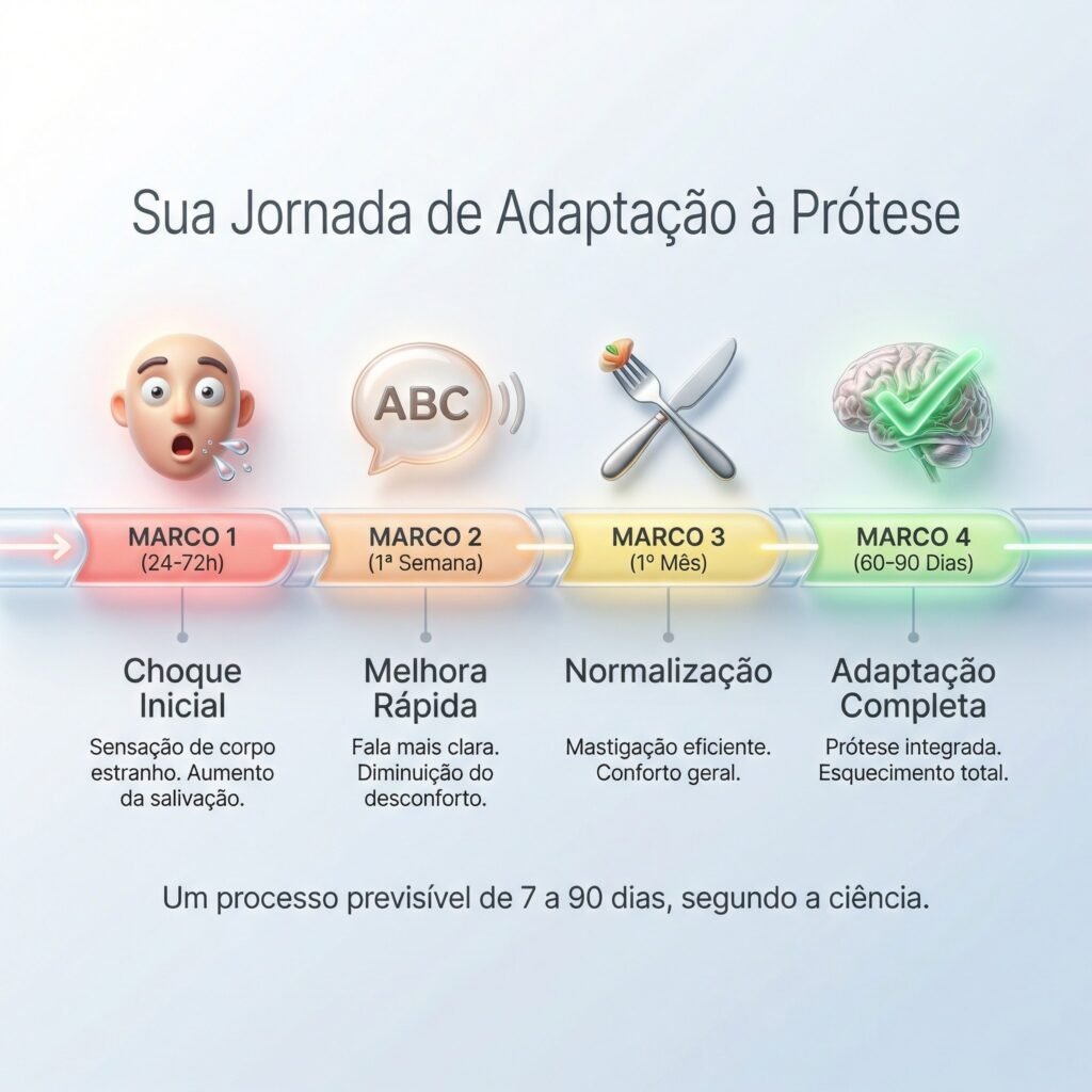 Infográfico mostrando a timeline de adaptação à prótese dentária em 4 fases, de 24 horas a 90 dias.