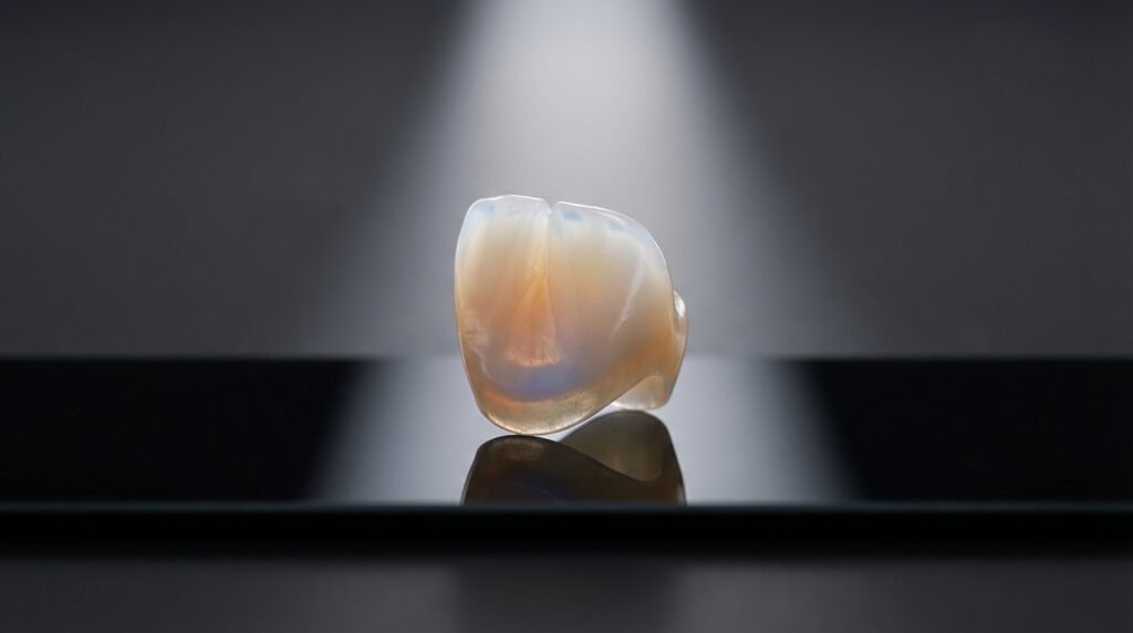 Close-up extremo de uma coroa de zircônia sobre um modelo, destacando sua translucidez e a forma como a luz passa através dela.