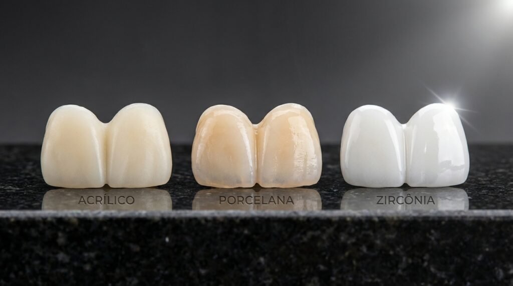 Comparativo visual dos três materiais da prótese protocolo: acrílico, porcelana e zircônia, mostrando a diferença de estética e translucidez.