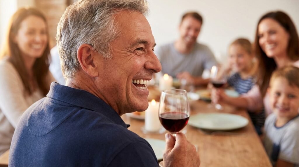 Homem de 65 anos sorrindo com confiança em um jantar de família, exibindo sua prótese protocolo fixa e natural.