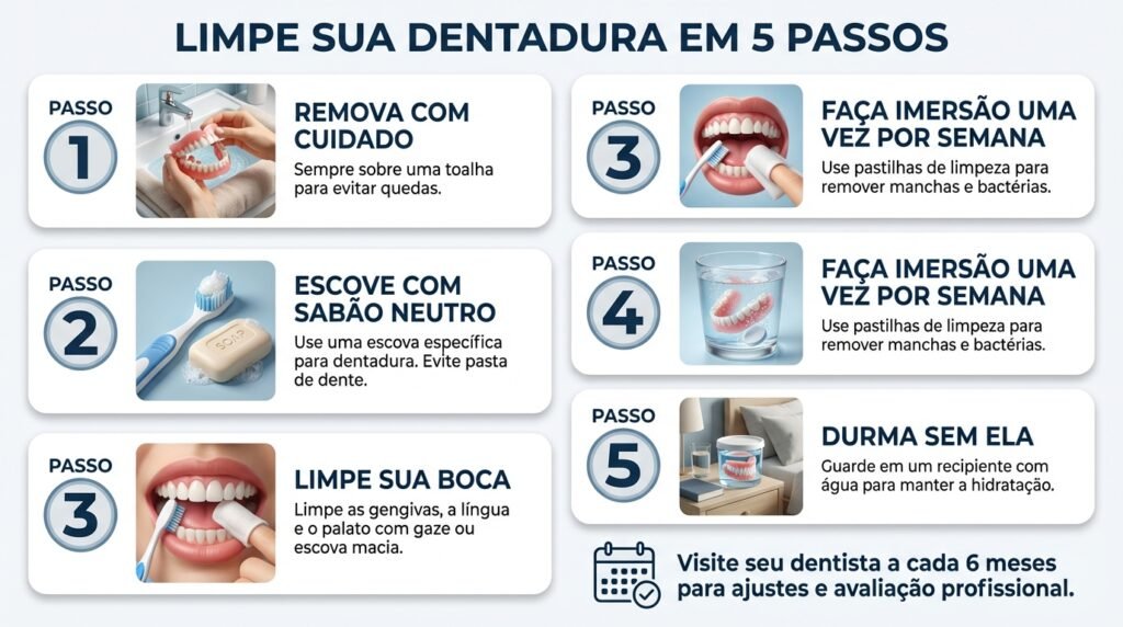 Infográfico com 5 passos para limpar prótese dentária para idosos: remover com cuidado, escovar com sabão neutro, higienizar a boca, usar pastilhas e dormir sem ela.