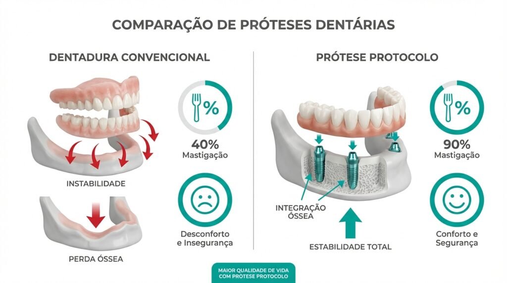 Infográfico comparando as vantagens da prótese protocolo fixa sobre a dentadura convencional em termos de estabilidade, mastigação e preservação óssea.