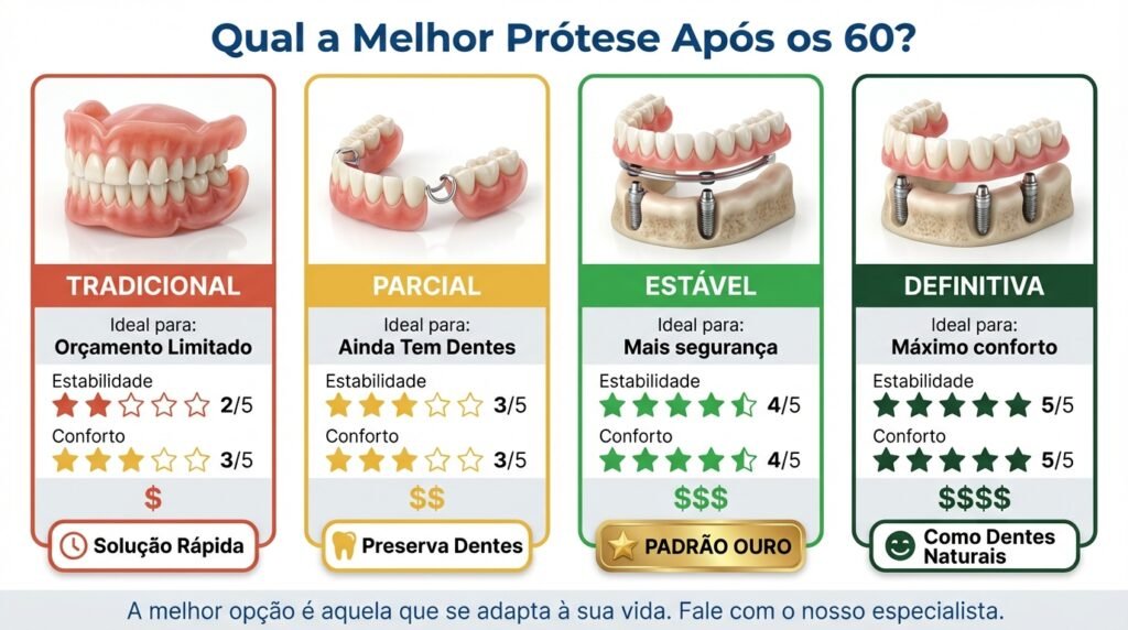 Infográfico comparando 4 tipos de prótese para idosos: Dentadura, PPR, Overdenture e Protocolo Fixo, avaliando estabilidade, conforto e custo.