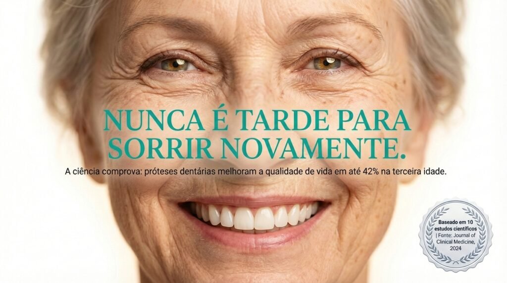 Infográfico mostrando uma mulher idosa sorrindo, com o texto 'Nunca é tarde para voltar a sorrir'. Próteses dentárias melhoram a qualidade de vida em até 42% na terceira idade.