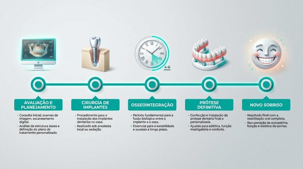 Infográfico mostrando o passo a passo do tratamento com prótese protocolo, desde a avaliação e planejamento até a instalação do novo sorriso fixo.