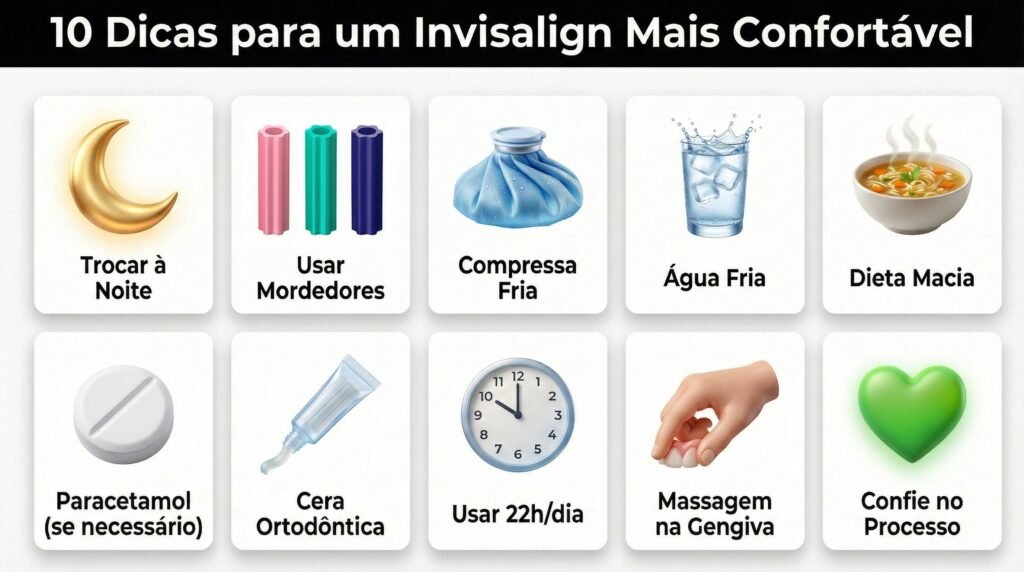 Infográfico com 10 dicas práticas para aliviar o desconforto do Invisalign: trocar à noite, usar chewies, compressa fria, água gelada, dieta macia, paracetamol, cera ortodôntica, usar 22h por dia, massagem na gengiva e confiar no processo.