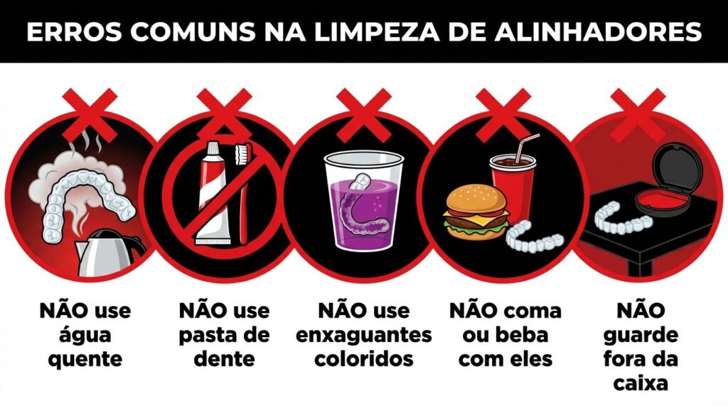 Infográfico de alerta mostrando 5 erros comuns ao limpar alinhadores Invisalign: usar água quente, pasta de dente, enxaguantes coloridos, comer com os alinhadores e não usar a case.