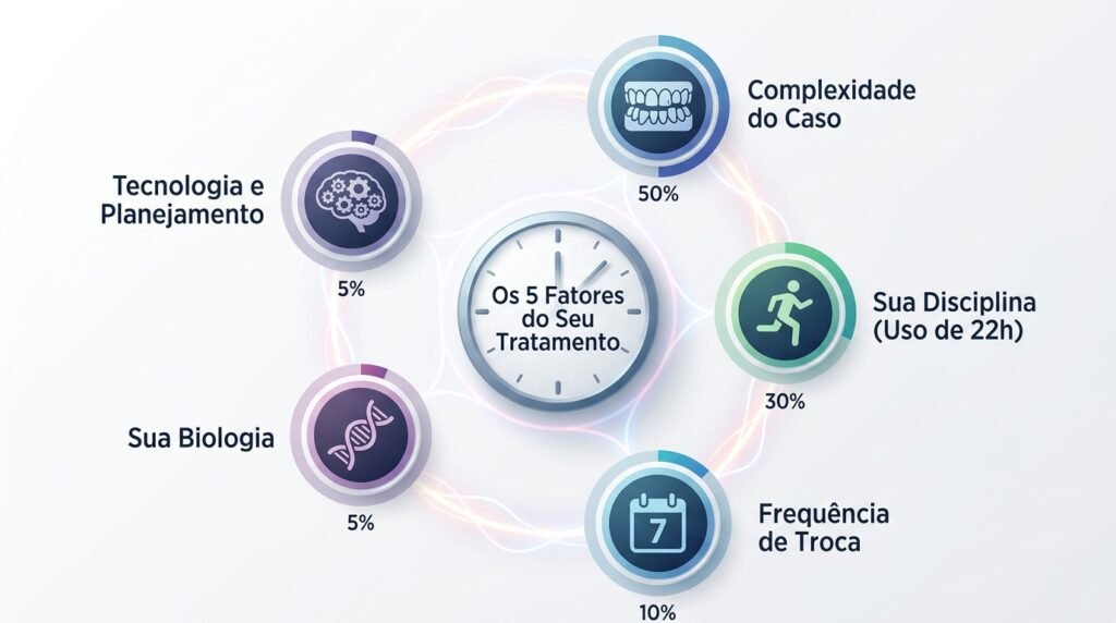 Infográfico dos 5 fatores que definem a duração do tratamento Invisalign: complexidade do caso, disciplina do paciente, frequência de troca e mais.