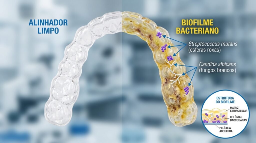 Como limpar o invisalign e evitar a formação de biofilme, com destaque para as bactérias Streptococcus mutans e o fungo Candida albicans.