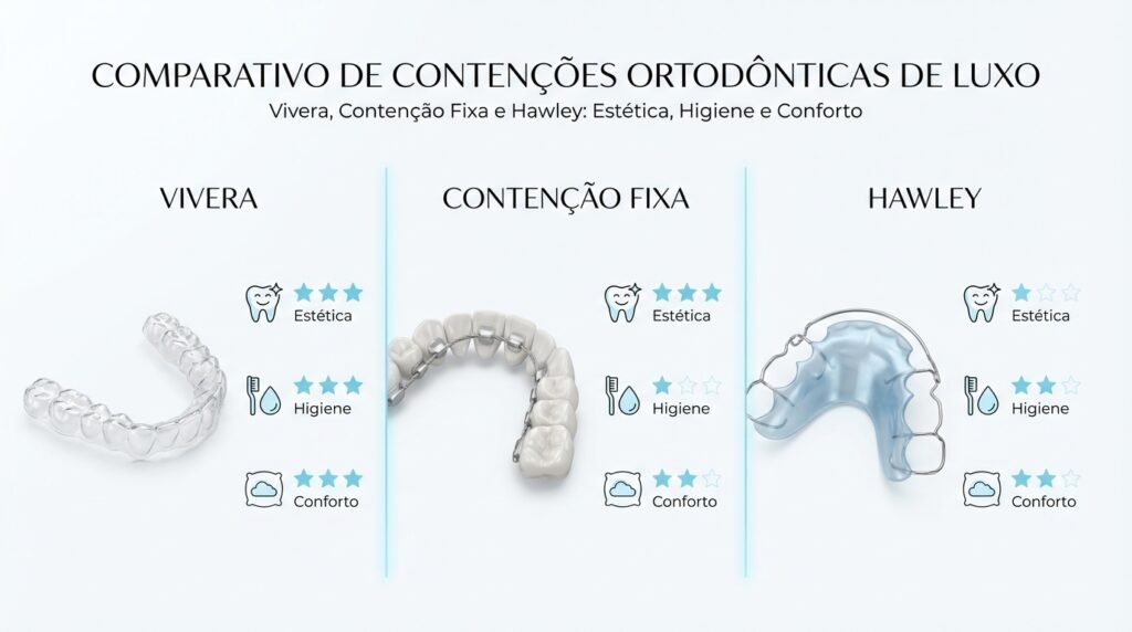Infográfico comparando a contenção Vivera da Invisalign com a contenção fixa e a contenção móvel de Hawley em termos de estética, higiene e conforto.