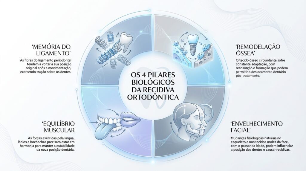 Infográfico ilustrando os 4 pilares biológicos da recidiva ortodôntica: memória do ligamento periodontal, remodelação óssea lenta, equilíbrio da musculatura orofacial e envelhecimento facial.