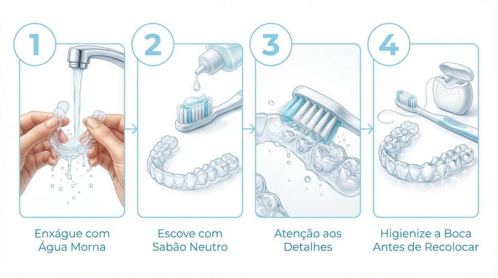 Infográfico em 4 passos mostrando como limpar os alinhadores Invisalign diariamente: enxaguar, escovar com sabão neutro, limpar detalhes e higienizar a boca.
