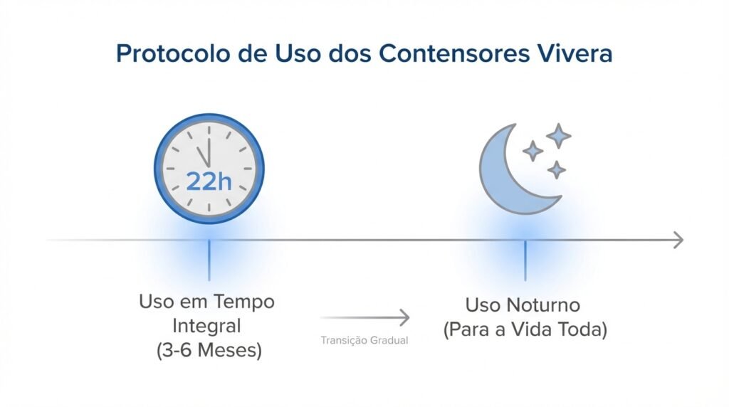 Infográfico mostrando o protocolo de uso da contenção Vivera, dividido em duas fases: uso integral por 3-6 meses e uso noturno para o resto da vida.