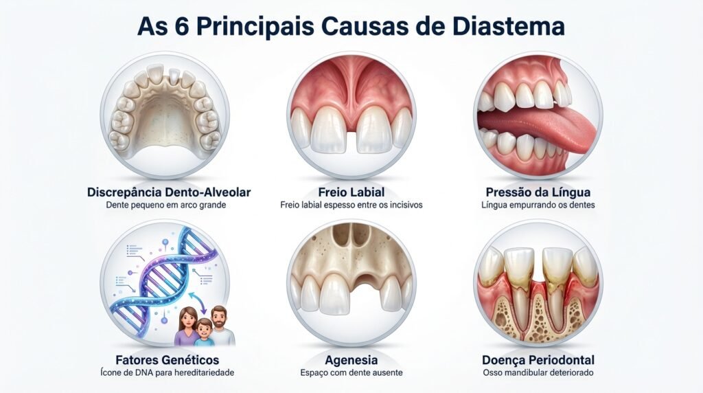 Infográfico detalhando as 6 principais causas do diastema, incluindo discrepância dentro-alveolar, freio labial, pressão da língua, genética, agenesia e doença periodontal.