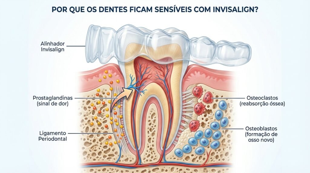 Infográfico científico mostrando o mecanismo de dor do Invisalign: o alinhador pressiona o dente, o ligamento periodontal libera prostaglandinas que sinalizam dor, enquanto osteoclastos e osteoblastos realizam a remodelação óssea para mover o dente.