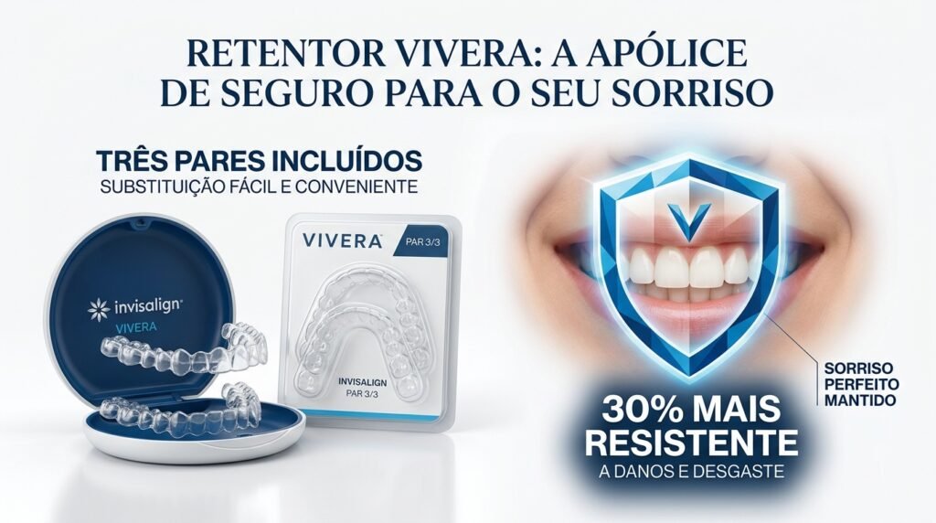 Infográfico sobre a contenção Vivera da Invisalign, mostrando o conjunto de três pares e destacando sua resistência e importância para manter os resultados do tratamento de diastema.