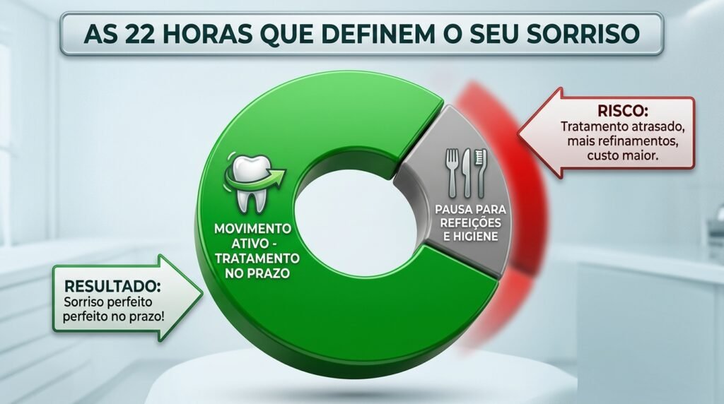 Infográfico mostrando a importância de usar o Invisalign por 22 horas diárias para manter o tratamento no prazo e evitar atrasos.