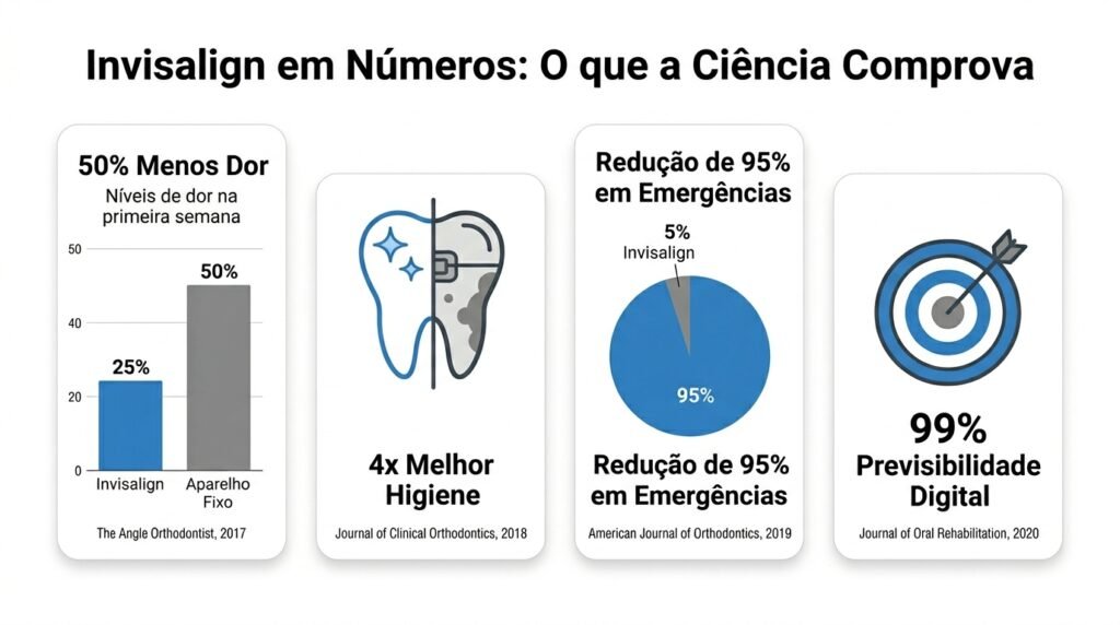 Dashboard científico com 4 dados comparativos entre Invisalign e aparelho fixo: 50% menos dor na primeira semana (PMC 2021), 4 vezes melhor higiene bucal (The Angle Orthodontist 2017), redução de 95% nas visitas de urgência e 99% de previsibilidade do resultado final com planejamento digital. Dados baseados em estudos clínicos publicados em periódicos científicos de alto impacto.