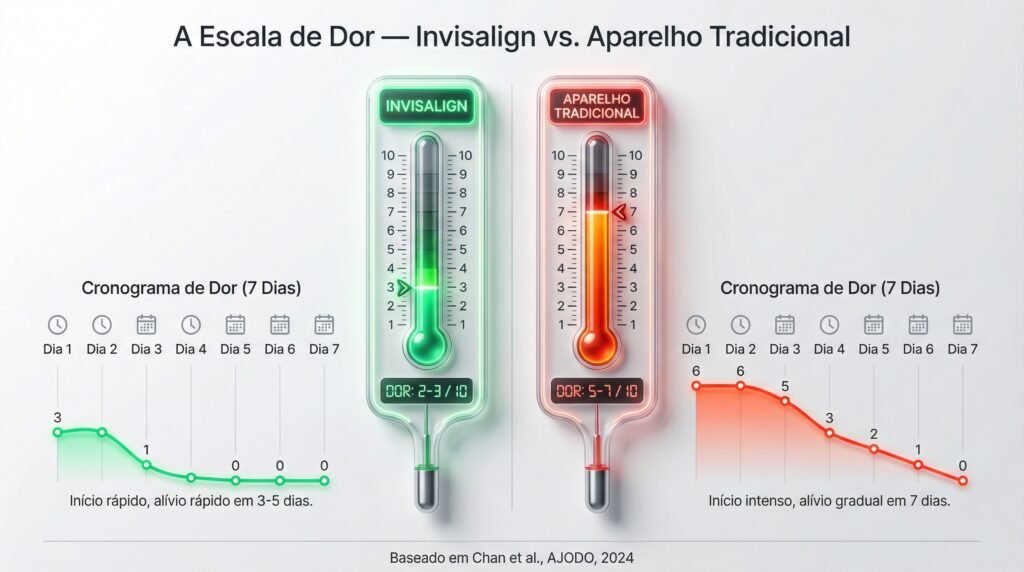 Infográfico comparando a escala de dor do Invisalign (nível 2-3 de 10) com o aparelho fixo (nível 5-7 de 10) ao longo de 7 dias, mostrando que o Invisalign é significativamente menos doloroso.