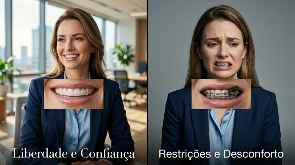 Comparativo visual entre Invisalign e aparelho fixo: à esquerda, mulher sorrindo com confiança usando alinhador invisível em ambiente profissional; à direita, a mesma mulher com expressão de desconforto usando aparelho fixo metálico. Invisalign oferece liberdade, estética e conforto superiores.