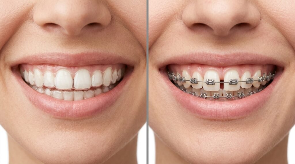 Comparativo visual entre o tratamento de diastema com Invisalign (discreto e estético) e com aparelho fixo convencional (bráquetes e fios metálicos).
