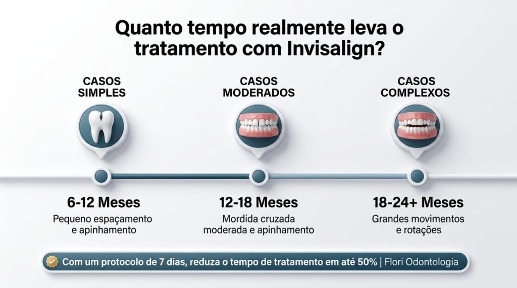 Infográfico mostrando quanto tempo dura o tratamento Invisalign: 6-12 meses para casos simples, 12-18 para moderados e 18-24+ para complexos.