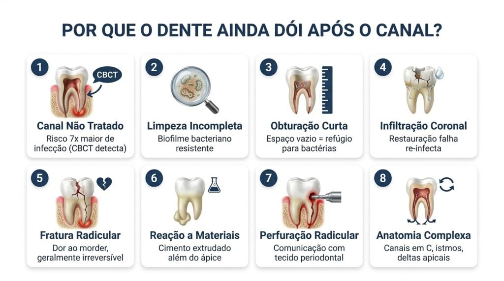 Infográfico com as 8 principais causas de dor persistente após tratamento de canal: canais não tratados, limpeza incompleta, obturação inadequada, infiltração coronária, fratura radicular, reação a materiais, perfuração e anatomia complexa