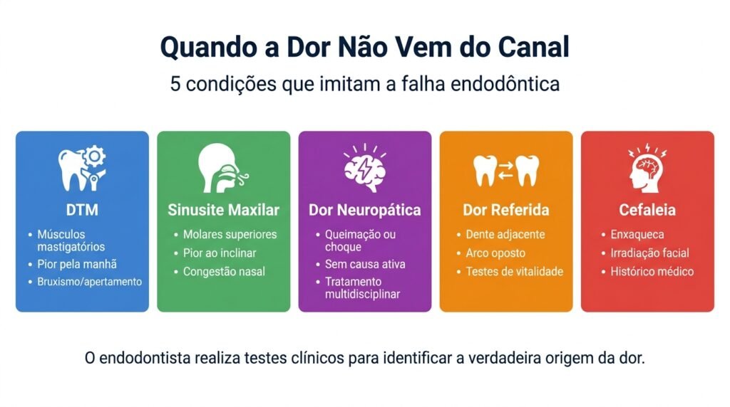 Infográfico de diagnóstico diferencial mostrando 5 condições não-odontogênicas que podem mimetizar dor de canal: DTM, sinusite maxilar, dor neuropática, dor referida e cefaleia