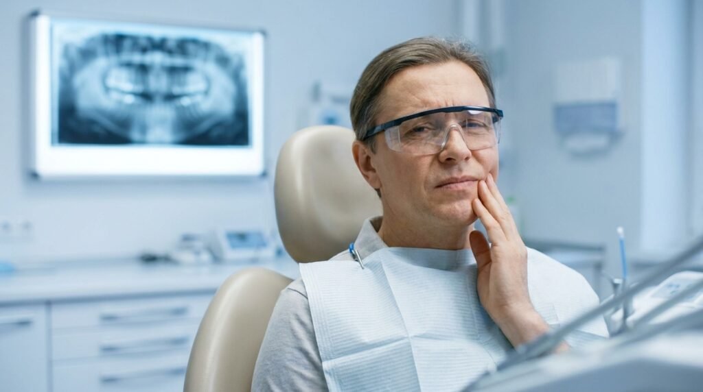 Paciente com dor após tratamento de canal segurando o rosto com expressão de desconforto