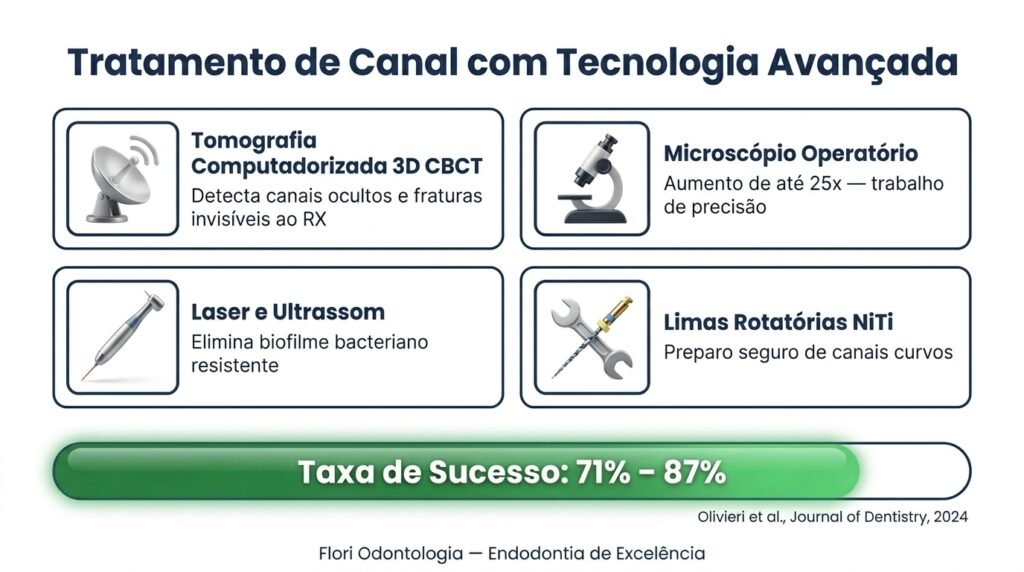Infográfico sobre retratamento de canal com microscópio e tomografia CBCT mostrando taxa de sucesso de 71 a 87 por cento