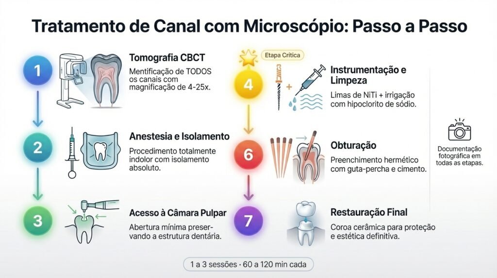 Infográfico com o passo a passo do tratamento de canal com microscópio operatório em 7 etapas: tomografia CBCT, anestesia, acesso, localização dos canais, instrumentação, obturação e restauração final