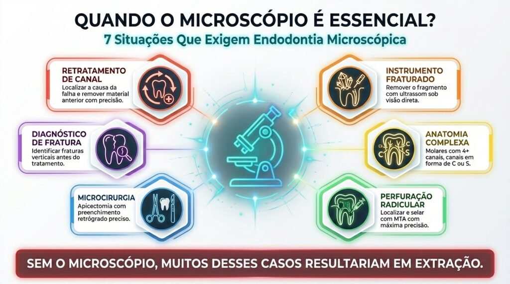 Infográfico com as 7 principais indicações para o tratamento de canal com microscópio: retratamento, canais calcificados, instrumento fraturado, anatomia complexa, perfuração, microcirurgia e diagnóstico de trinca