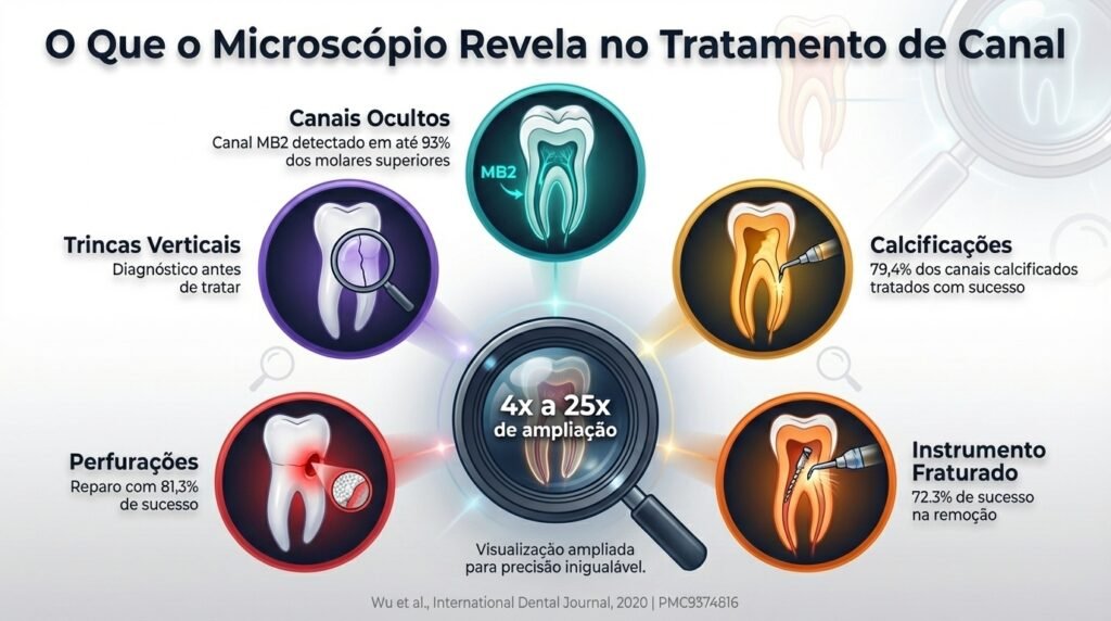 Infográfico mostrando 5 situações que o microscópio operatório revela no tratamento de canal: canais ocultos, calcificações, instrumentos fraturados, perfurações e trincas radiculares